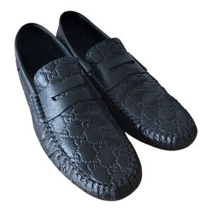 Gucci San Marino Black Leather Embossed Loafers Size 12